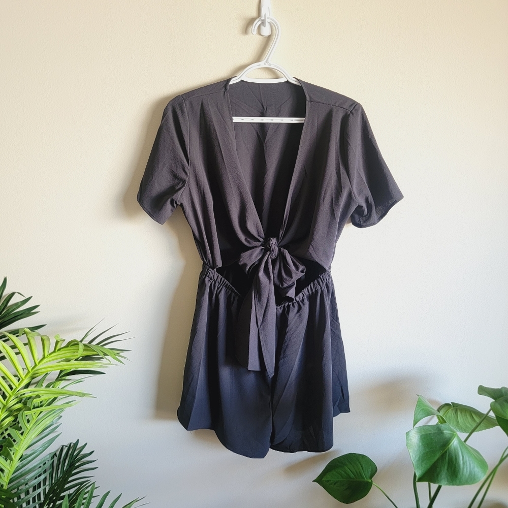 Tie front Black romper with peekaboo cut out